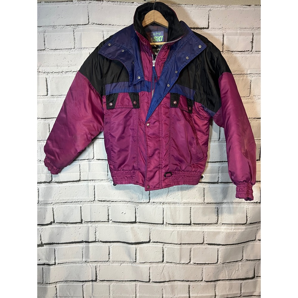 Vintage Alpine Ski Jacket 80s Colorblock Puffer Magenta Blue Black Mens Medium